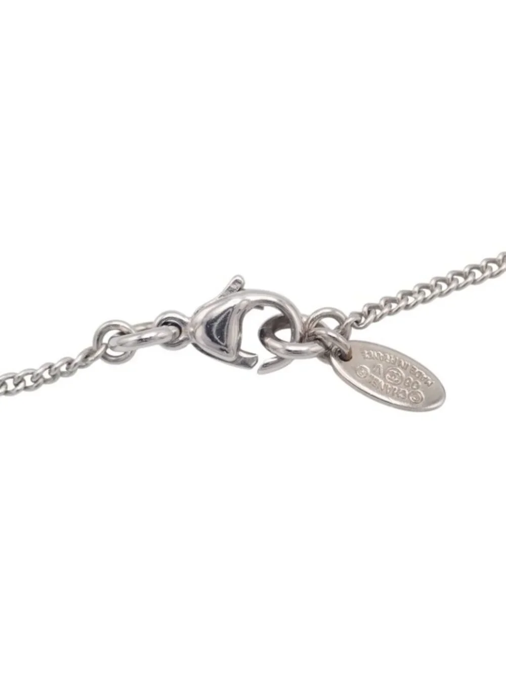 Chanel CC Logo Necklace Metal Crystal Silver Simple